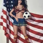Evalia Sex Doll 163 cm IronTech en tenue de foot, pose debout devant drapeau américain.