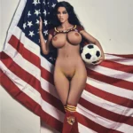 Evalia Sex Doll 163 cm posant debout avec un ballon, drapeau américain en fond.