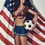 Evalia Sex Doll 163 cm IronTech en tenue de foot, posant avec un ballon devant un drapeau américain.