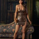 Lidora Sex Doll 163 cm IronTech en robe dorée, debout près d'un canapé vintage.