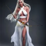 Liloue Real Doll 166 cm IronTech Elf en tenue blanche, arc en main, cheveux longs argentés.