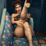 Lulika Sex Doll 164 cm posée sur canapé, jambe levée, robe colorée et accessoires élégants.