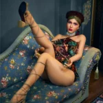 Lulika Sex Doll 164 cm IronTech TPE posée sur canapé, robe imprimée, talons hauts.