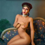 Lulika Sex Doll 164 cm assise nue sur canapé fleuri, main sur poitrine, accessoires élégants.