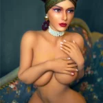 Lulika Sex Doll 164 cm assise sur canapé, main sur poitrine, turban vert, bijoux élégants.