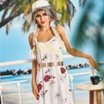 Lullia Valentina Sex Doll 165 cm en robe fleurie, chapeau de paille, fond plage.