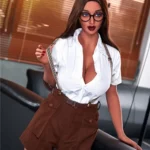 Luluva Sex Doll 163 cm en tenue chic, chemise blanche, short marron, lunettes.