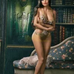 Lumelle Sex Doll 159 cm IronTech Doll TPE en maillot léopard, posée debout dans un salon élégant.