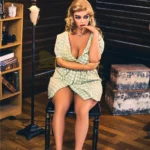 Lunala Sex Doll 156 cm IronTech assise, robe à carreaux verts, ambiance rétro.