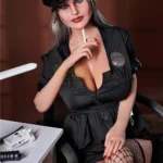 Lunalia Sex Doll 163 cm en tenue sexy de policière, assise, fumant une cigarette.