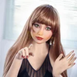 Mirabella Sex Doll 163 cm IronTech en robe noire, cheveux longs, pose assise devant fenêtre.