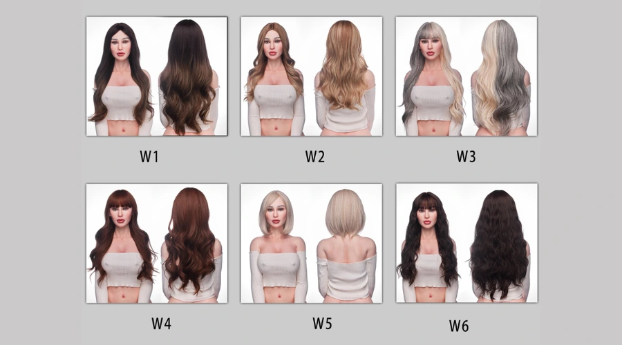Exemples de perruques pour poupée réaliste — brune, blonde, rousse, noire