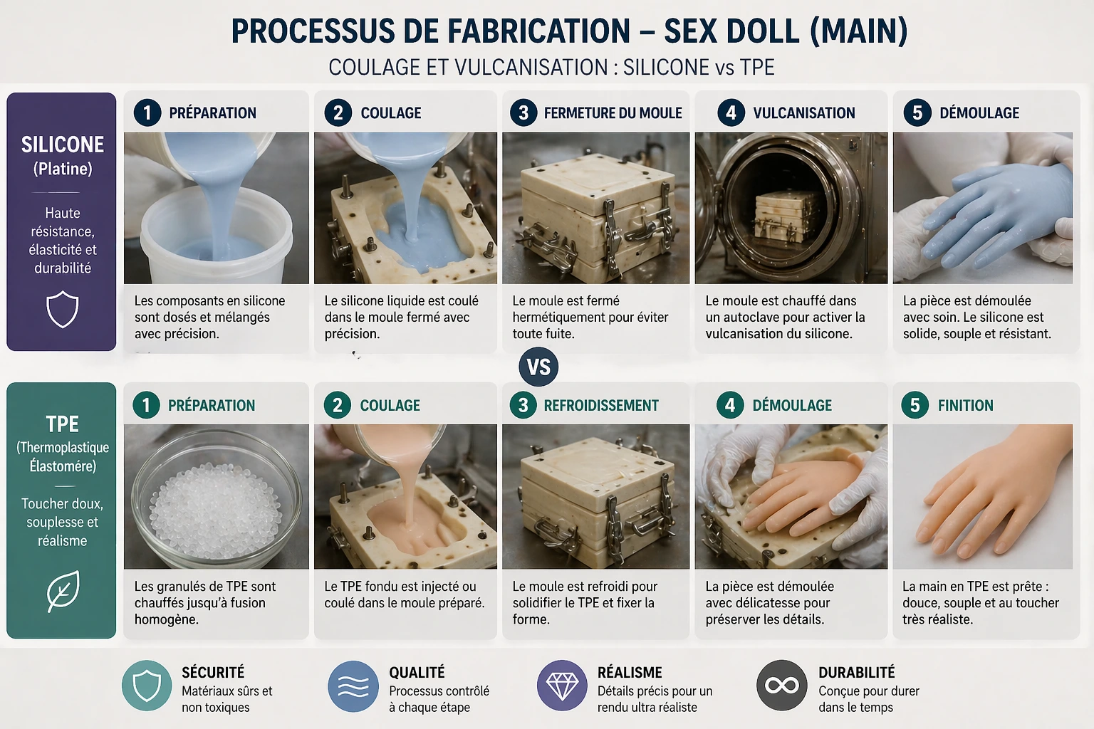 Processus de coulage et vulcanisation sex doll silicone TPE