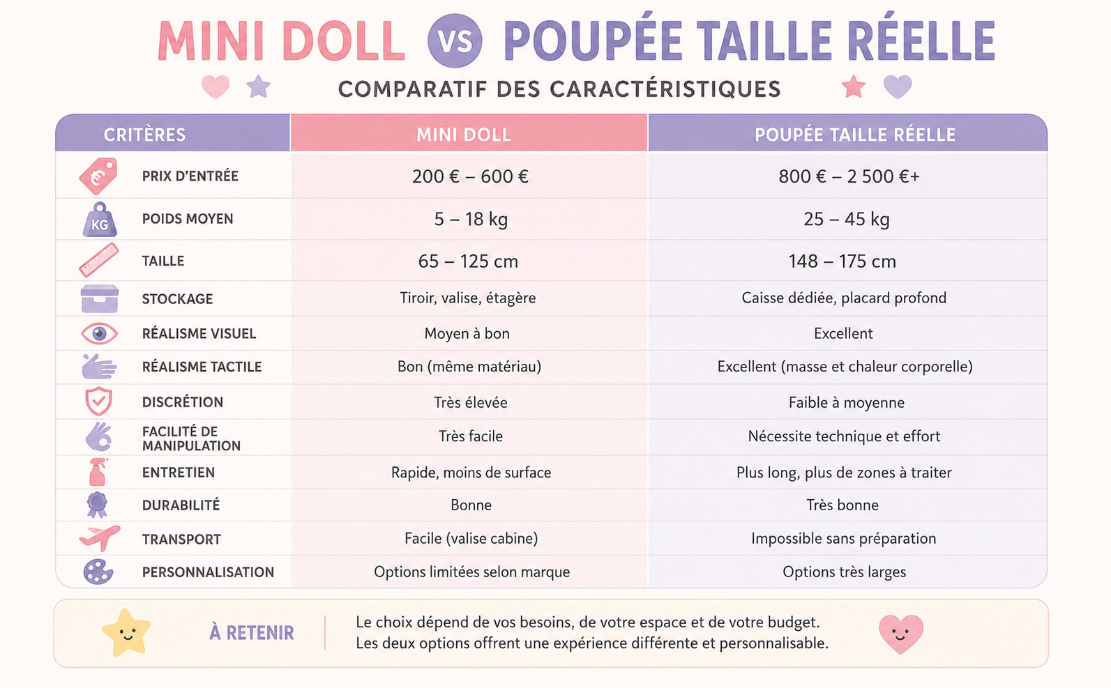 Infographie tableau comparatif mini doll vs poupée taille réelle — critères prix poids stockage réalisme